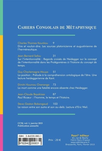 Cahiers Congolais de Métaphysique CCM, vol. 1, janvier 2015