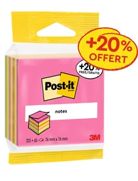 Cube de notes post-it® néon - 76 mm x 76 mm + 20% gratuit - 325 feuilles - jaune/rose