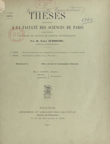 Thèses présentées à la Faculté des Sciences de Paris pour obtenir le grade de docteur ès Sciences mathématiques