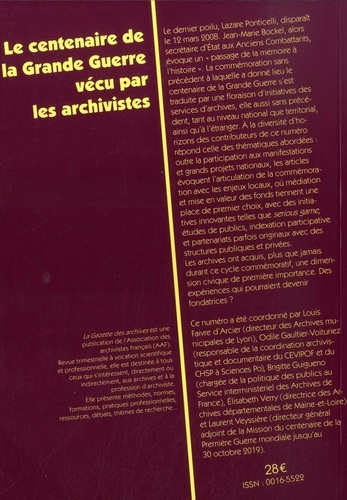 La Gazette des archives N° 258/2020-2 Le centenaire de la Grande Guerre vécu par les archivistes