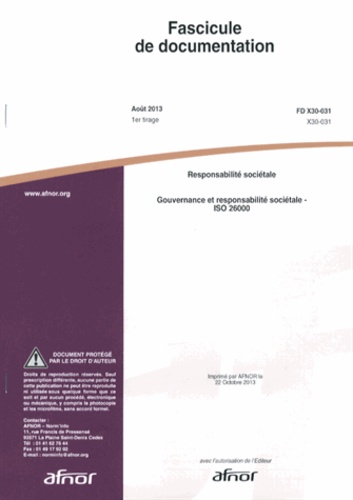  AFNOR - Fascicule de documentation FD X30-031 Responsabilité sociétale - Gouvernance et responsabilité sociétale - ISO 26000.