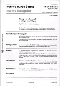 Nf En Iso 3696 T01-070 Septembre 1995 : Eau Pour Laboratoire A Usage Analytique. Specification Et Methode D'Essai