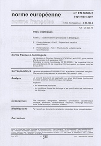 Alixetmika.fr Norme européenne NF EN 60086-2 Piles électriques - Partie 2, Spécifications physiques et électriques Image