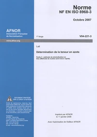 Norme NF EN ISO 8968-3 Détermination de la teneur en azote (lait)