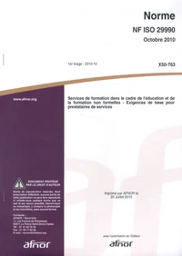 Norme NF ISO 29990 Services de formation dans le cadre de l'éducation et de la formation non formelles