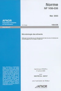 Norme NF V08-036, Mai 2003, Microbiologie des aliments