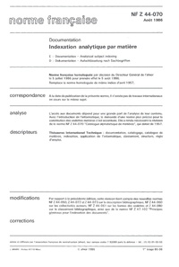  AFNOR - Norme NF Z 44-070, Août 1986, Documentation - Indexation analytique par matière.