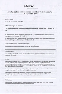 PR NF V 08-054 Tome 1, Microbiologie des aliments Tome 2, Dénombrement des entérobactéries par comptage des colonies à 30°C ou à 37°C