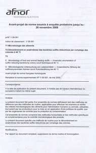 PR NF V08-061 Tome 1, Microbiologie des aliments Tome 2, Dénombrement en anaérobiose des bactéries sulfito-réductrices par comptage des colonies à 46°C
