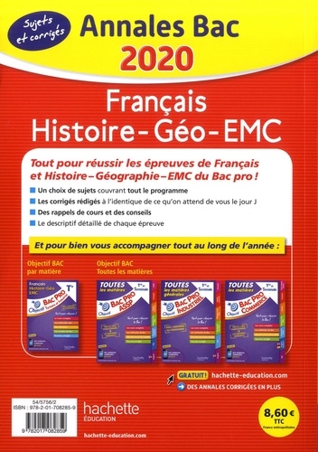 Français Histoire-Géo-EMC Bac Pro. Sujets et corrigés  Edition 2020