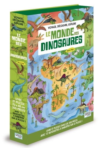 Alberto Borgo - Voyage, découvre, explore - Le monde des dinosaures - Livre et puzzle ovale de 200 pièces avec 12 silhouettes à emboîter sur le puzzle !.