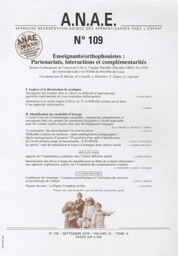 Jacques Grégoire - ANAE N° 109, setembre 201 : Enseignants/orthophonistes: Partenariats, intéractions et complémentarités.