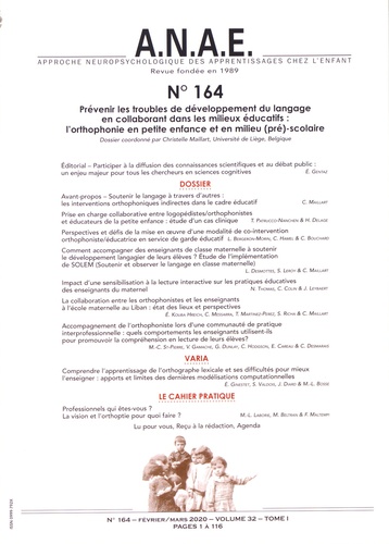 Christelle Maillart - ANAE N° 164, février-mars 2020 : Prévenir les troubles de développement du langage en collaborant dans les milieux éducatifs : l'orthophonie en petite enfance et en milieu (pré)-scolaire.