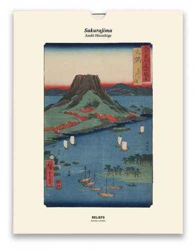 Sakurajima, Vues des sites célèbres des soixante et quelques provinces du Japon (1853-1856). Une illustration imprimée sur un papier de création avec un livret autour de l'oeuvre