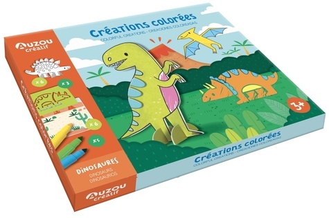 Créations colorées dinosaures. Avec 3 pochoirs, 6 papertoys à colorier, 6 décors, 5 feutres, du fil et plus de 100 stickers en mousse