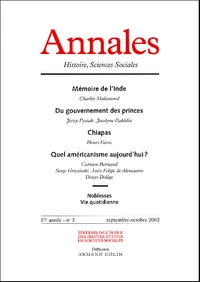 Annales Histoire, Sciences Sociales N° 5 Octobre-Novembre 2002 : Mémoire de l'Inde