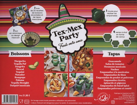 Tex-Mex Party. Fiesta entre amis - Coffret avec 4 verres à shot, 1 moule à empanadas, 1 livre de recette et 1 bol en céramique