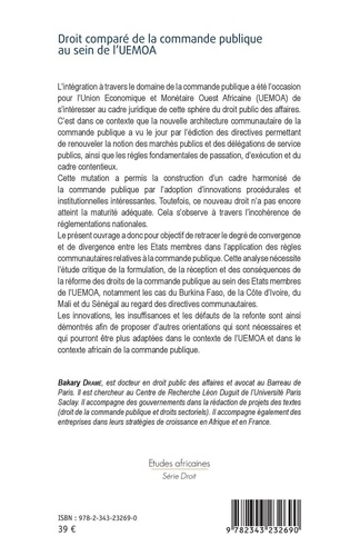 Droit comparé de la commande publique au sein de l'UEMOA. Etude des droits des marchés publics du Burkina Faso, de la Côte d'Ivoire, du Mali et du Sénégal