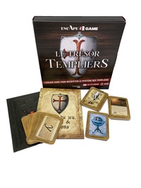 Le trésor des Templiers. Un escape game pour décrypter le mystère des templiers. Avec des cartes énigmes, une règle et un rapporteur, une carte, le carnet du dernier chevalier de l'ordre