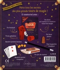 Magic box, la boite 100% magie. Magic Box, ton livre de tours de magie avec 1 foulard, trois gobelets, 4 petites boules, 4 cartes truquées, 1 faux pouce, 1 jeu de cartes et 1 baguette magique