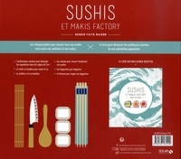 Sushis et Makis Factory. Coffret avec Le livre de recettes, la natte en bambou, le couteau à sushis, la cuillère à riz, les moules à sushis, les baguettes et leur étui