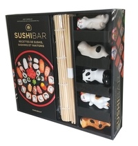 La box kawaï Sushis bar. Avec des baguettes japonaises, des porte-baguette kawaï, une natte en bambou pour makis