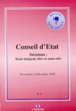  Conseil d'Etat - Decisions Du Conseil D'Etat Novembre Et Decembre 1998. Texte Integral, Titre Et Mots-Cles.
