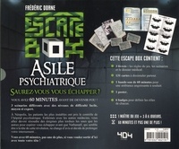 Escape box Asile psychiatrique. Contient : 3 livrets, 131 cartes, 1 bande-son de 60 minutes, 1 poster, 6 badges