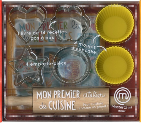 Coffret Mon premier atelier de cuisine MasterChef junior. Avec 1 rouleau à pâtisserie, 4 emporte-pièce, 4 moules à cupcakes