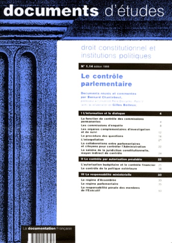 Bernard Chantebout et  Collectif - Droit Constitutionnel Et Institutions Politiques Numero 1.14 1998 : Le Controle Parlementaire.