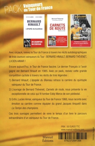 Vainqueurs du tour de France. Coffret en 3 volumes : Le temps des champions, mémoires ; Carnets de route, mémoires cyclistes ; Bernard Hinault, l'épopée du blaireau