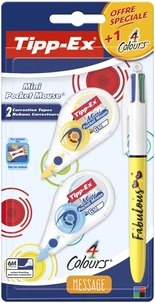BIC 4 Couleurs Message Stylo-Bille Rétractable Pointe Moyenne (1,0 mm) +Tipp-Ex Mini Pocket Mouse Rubans Correcteurs 6 m x 5 mm - Corps Couleurs Assorties, Blister de 2 +1