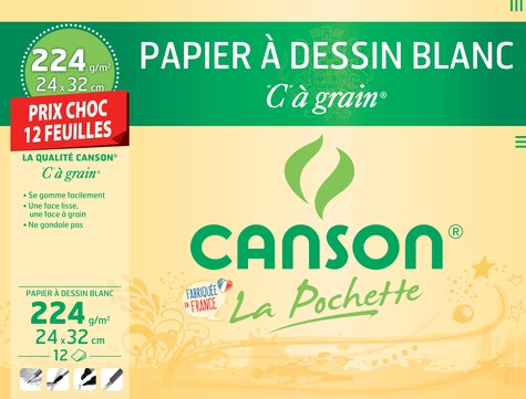 CANSON - Papier à dessin blanc Canson "C" à grain - 24x32cm - 224g - pochette 12 feuilles