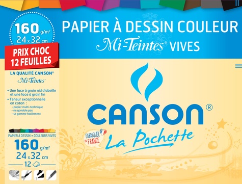 CANSON - Papier à dessin couleur mi-teintes vives Canson - 24x32cm - 160g - pochette 12 feuilles