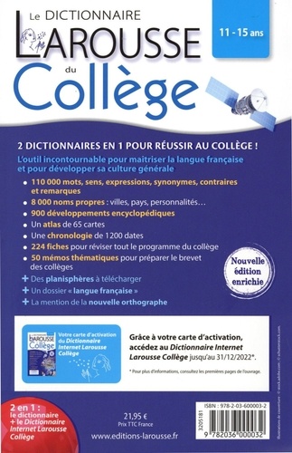 Le dictionnaire Larousse du Collège bimédia. Avec 1 carte d'activation du Dictionnaire Internet Larousse Collège  Edition 2021