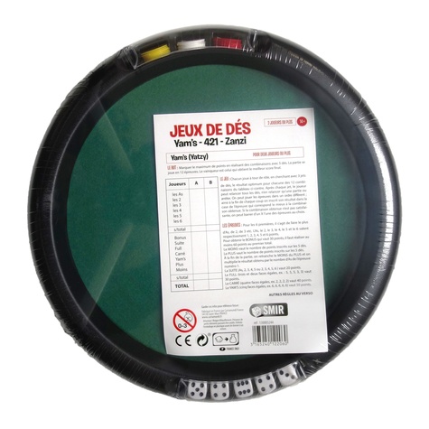 Piste De Dés Yam's - 33cm Avec 5 Dés Et 21 Jetons - Jeu De Société Familial - Feutrine Verte
