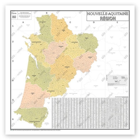 Geo reflet Editions - Carte Administrative de la Région Nouvelle-Aquitaine - Poster Plastifié 120x120cm.