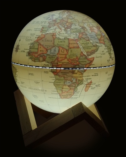 Globe 14 cm antique lumineux + support en bois