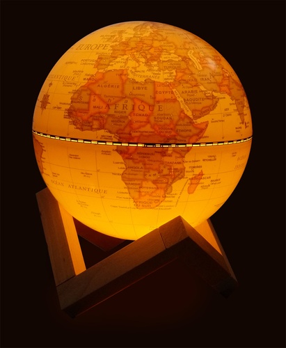 Globe 14 cm antique lumineux + support en bois