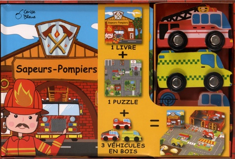  Cerise bleue - Ma caserne de pompiers - Avec 1 puzzle et 3 véhicules en bois.