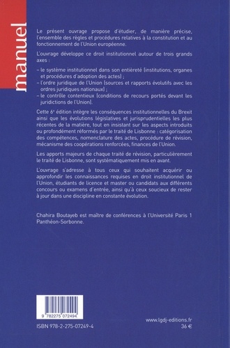 Droit Institutionnel De L Union Europeenne De Chahira Boutayeb Grand Format Livre Decitre