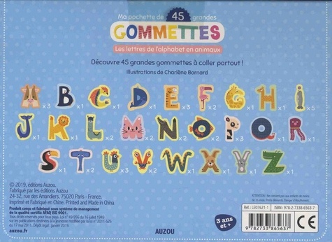 Ma pochette de 45 grandes gommettes. Les lettres de l'alphabet en animaux