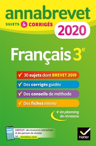 Annales du brevet Annabrevet 2020 Français 3e. 26 sujets corrigés (questions, dictée, rédaction)
