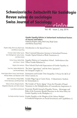 Brigitte Liebig et René Lévy - Revue suisse de sociologie Volume 40 N° 2, July 2014 : Gender equality policies in Switzerland: Institutional factors of success and failure.