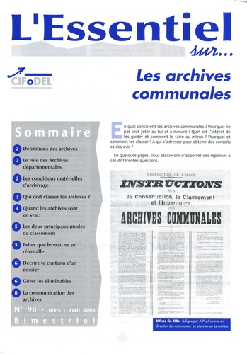  CIFODEL - L'Essentiel sur... N° 98, Mars-Avril 20 : Les archives communales.