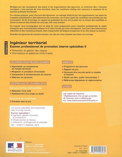 Ingénieur territorial examen spécialité 2. Prévention et gestion des risques - Informatique et systèmes d’information - Examen professionnel de promotion interne spécialité II - Catégorie A  Edition 2020