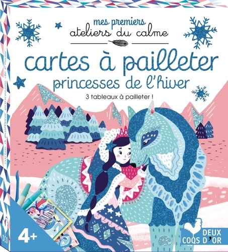 Cartes à pailleter princesses de l'hiver. Avec 3 tableaux, 1 spatule et 2 tubes de paillettes
