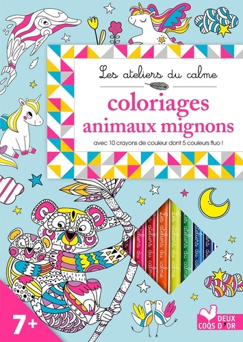 Cinzia Sileo et Amandine Notaert - Coloriages animaux mignons - Carnet avec 10 crayons de couleur dont 5 couleur fluo !.