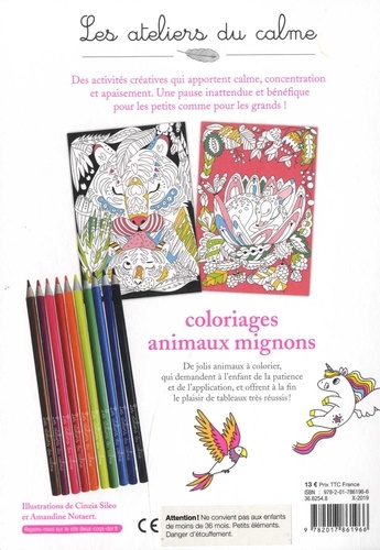 Coloriages animaux mignons. Carnet avec 10 crayons de couleur dont 5 couleur fluo !