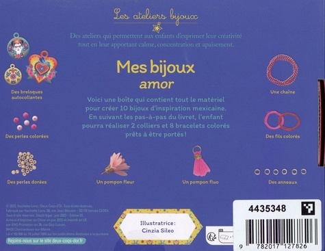 Mes bijoux Amor. Coffret avec des breloques autocollantes, des perles colorées, des perles dorées, un pompon fleur, un pompon fluo, des anneaux, des fils colorés, une chaîne